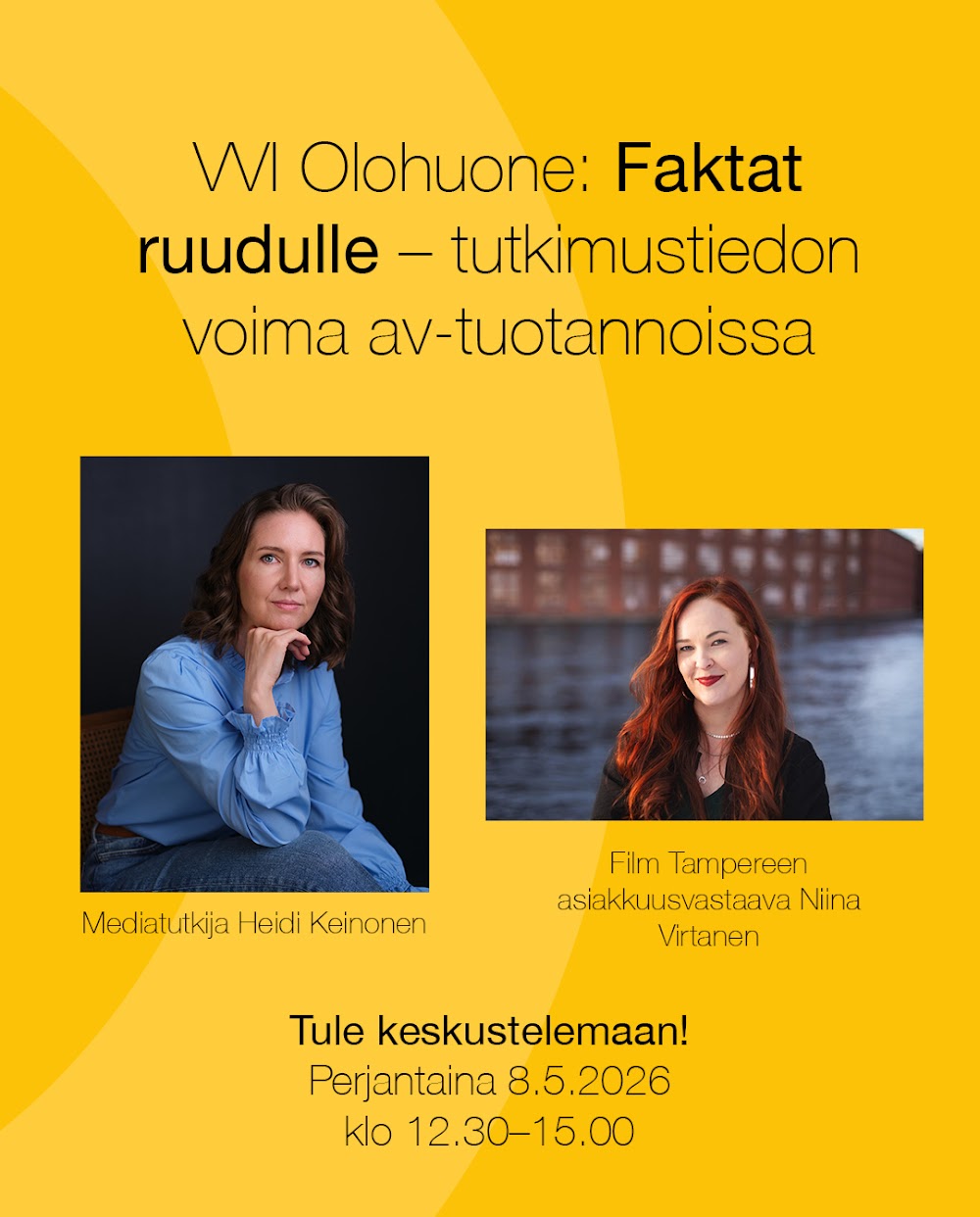 VVI Olohuone -tapahtuman juliste: Faktat ruudulle – tutkimustiedon voima av-tuotannoissa